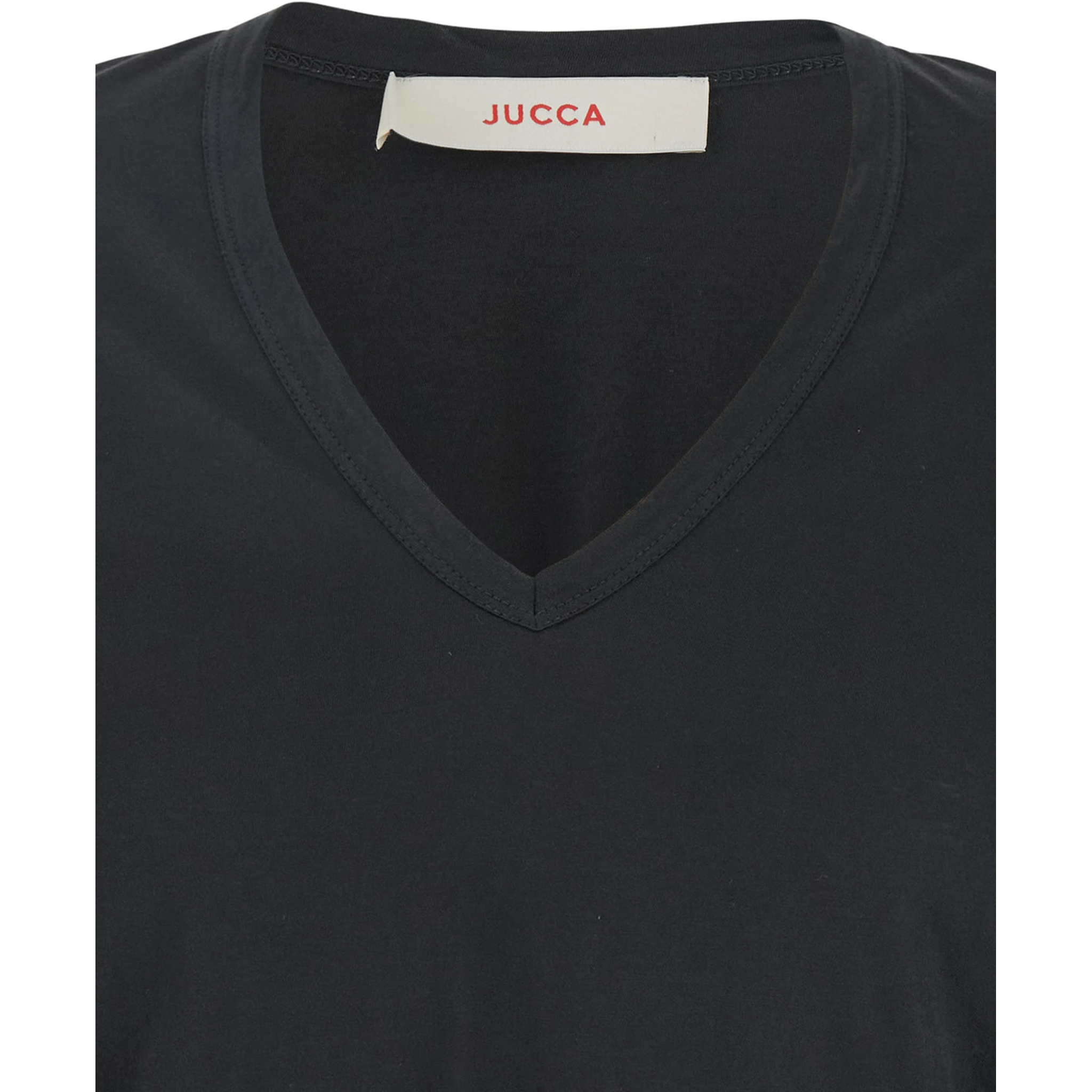 Black T-shirt with Wide V-Neck and Short Sleeves in Cotton Woman