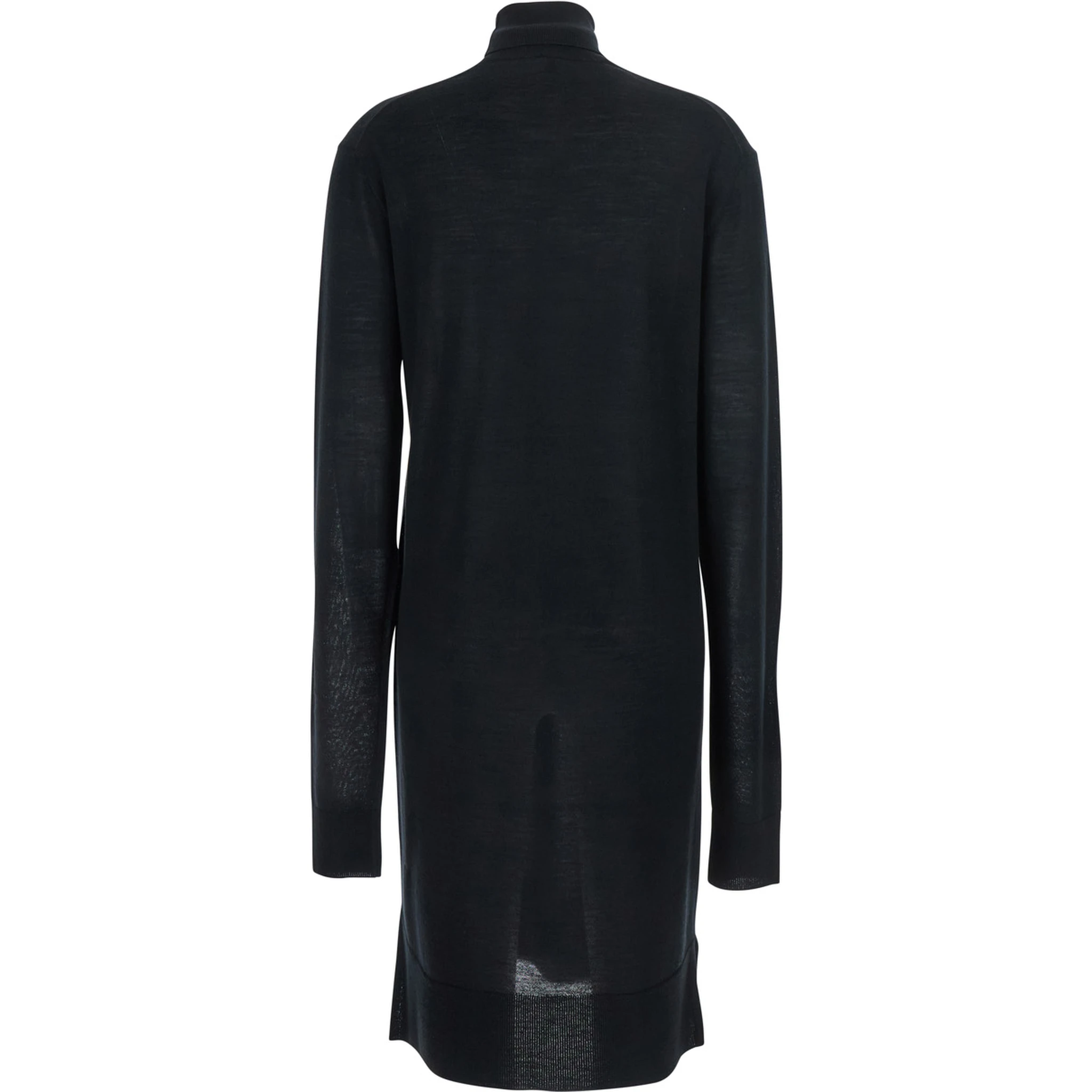 Black Turtleneck Dress with Side Slits in Wool and Silk Blend Woman