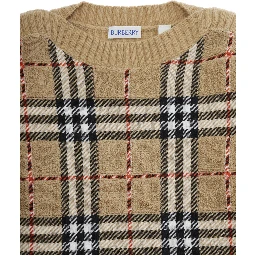 Beige Jumper with Check Pattern on the Front in Wool Boy