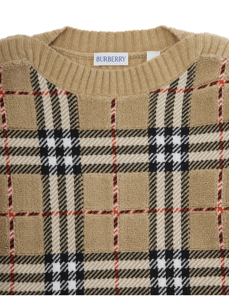 Beige Jumper with Check Pattern on the Front in Wool Boy alternative