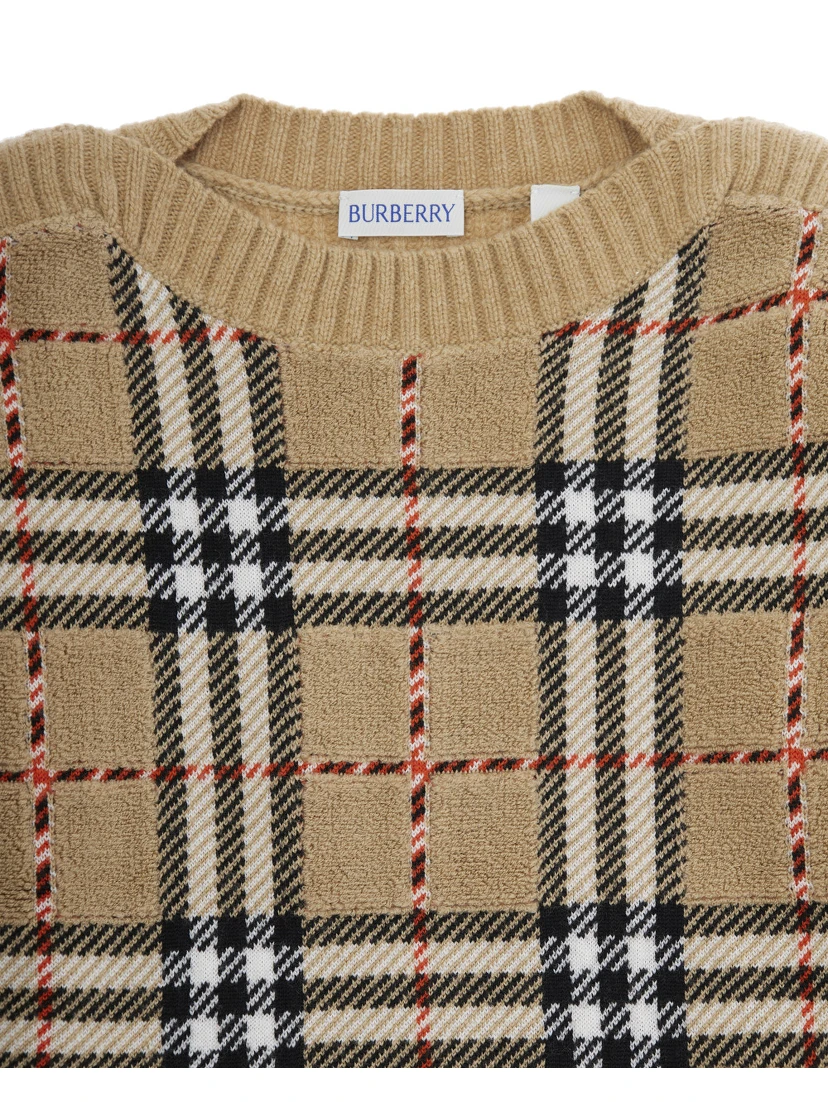 Beige Jumper with Check Pattern on the Front in Wool Boy