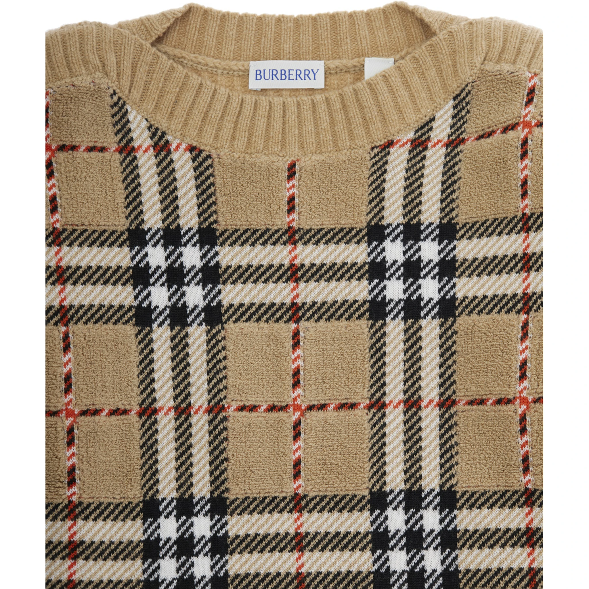 Beige Jumper with Check Pattern on the Front in Wool Boy