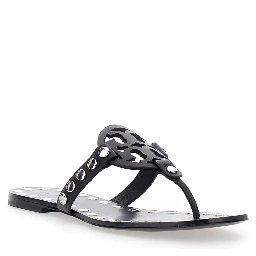 Black Thong Sandals with Logo on the Front and Stud Embellishments in Leather Woman