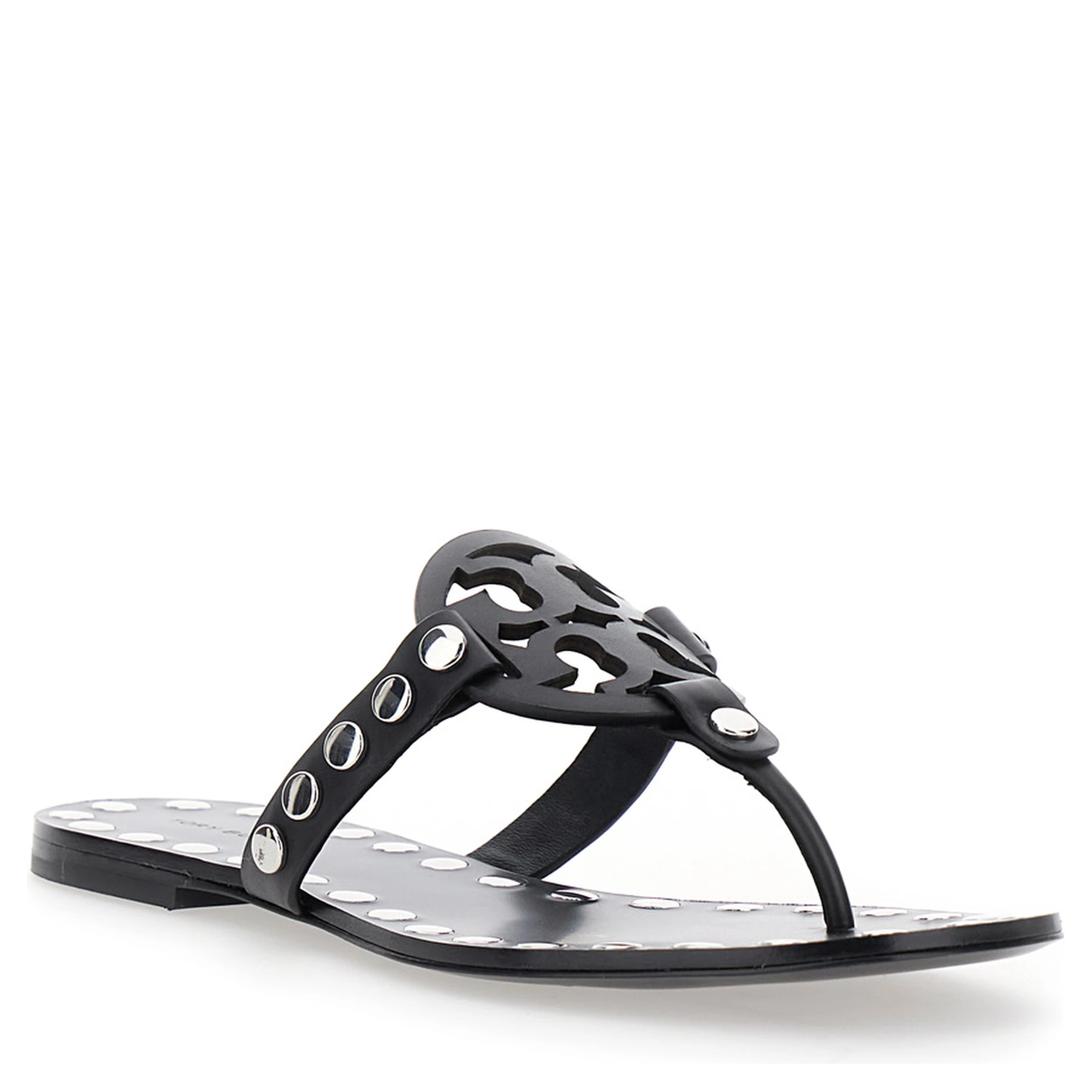Black Thong Sandals with Logo on the Front and Stud Embellishments in Leather Woman