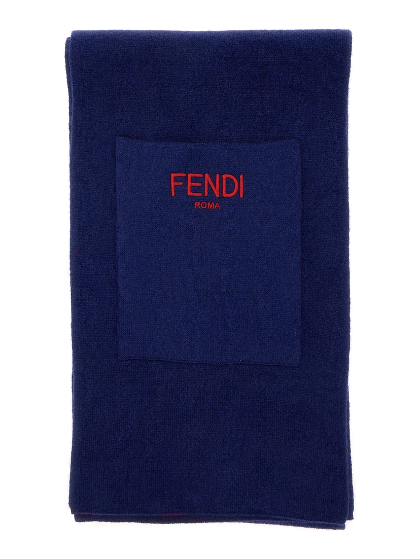 Blue Wraparound Scarf with Logo Patch on the Front in Wool and Cashmere Boy