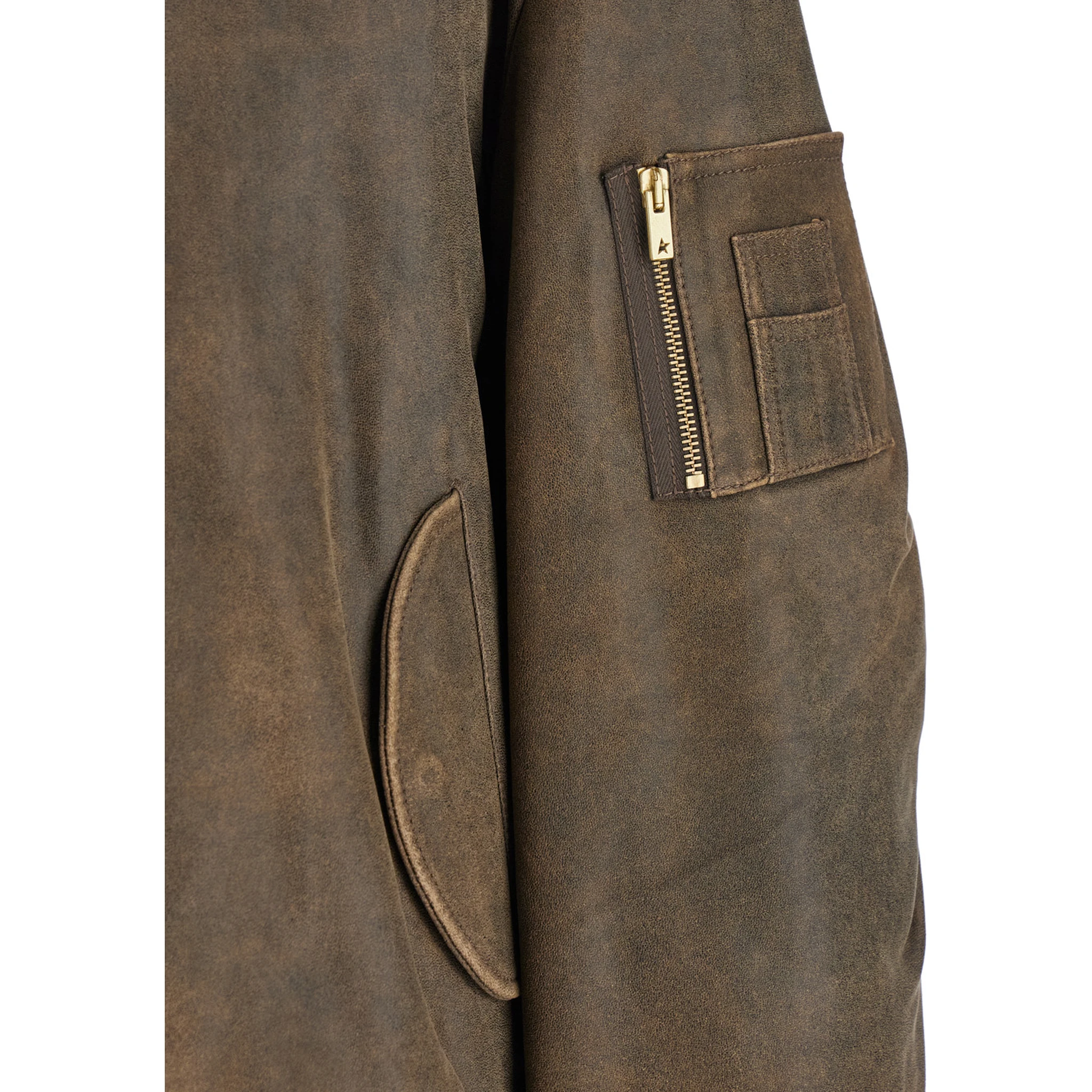 Brown Jacket with Sleeve Pocket and Distressed Effects in Leather Man