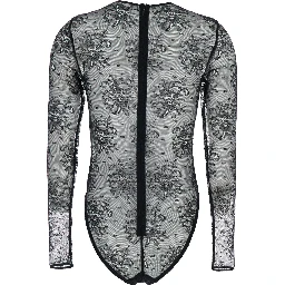 Black Bodysuit with All-Over Floral Embroidery and Semi-Sheer Design in Stretch Tech Fabric Woman