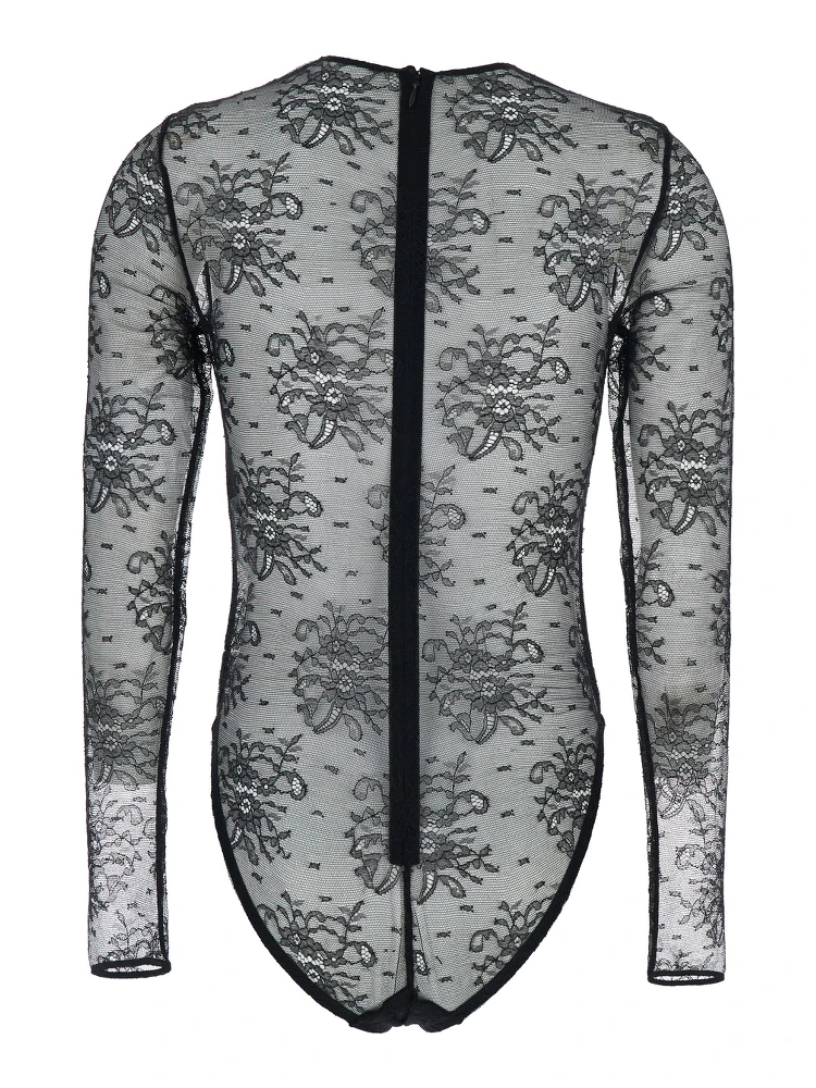 Black Bodysuit with All-Over Floral Embroidery and Semi-Sheer Design in Stretch Tech Fabric Woman alternative