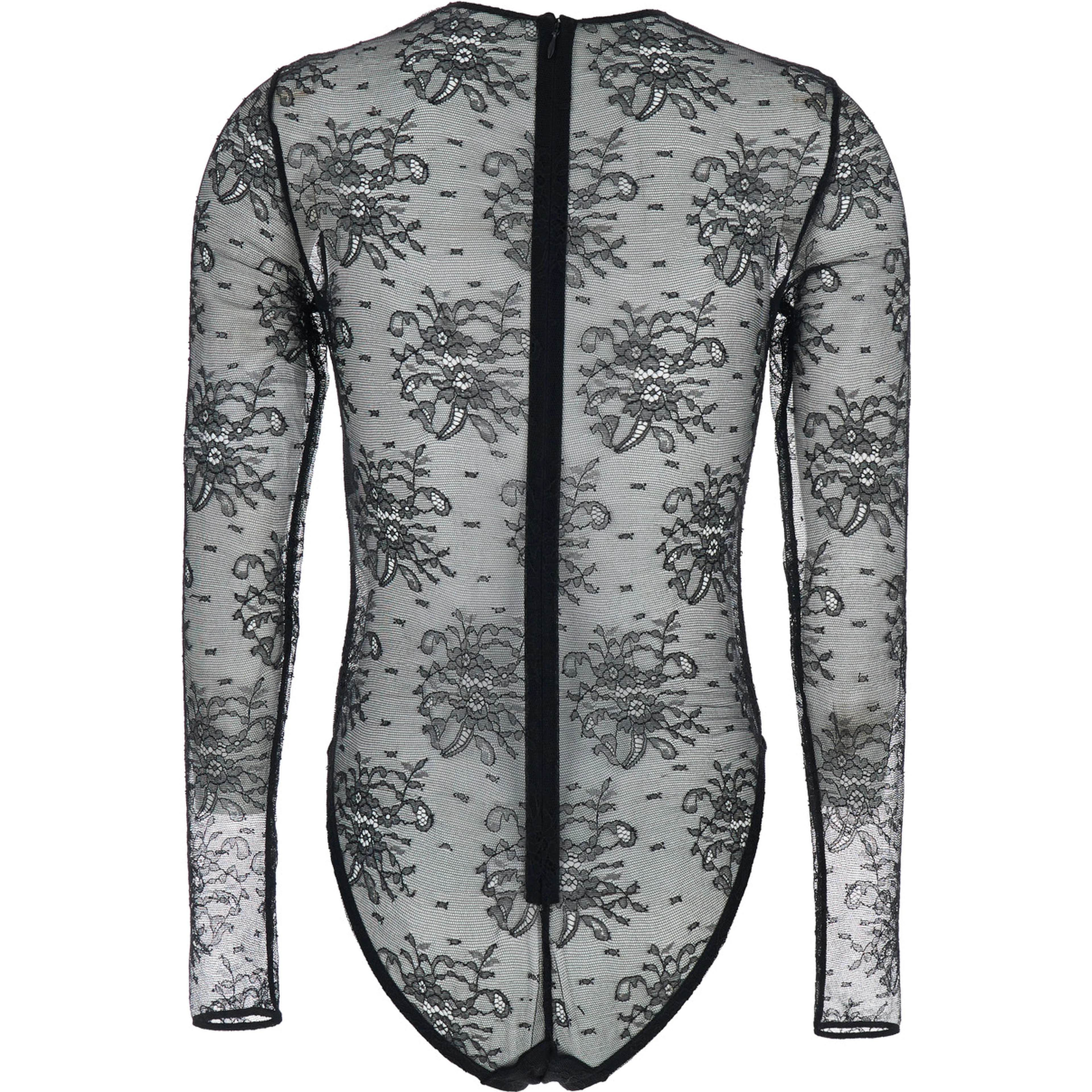Black Bodysuit with All-Over Floral Embroidery and Semi-Sheer Design in Stretch Tech Fabric Woman