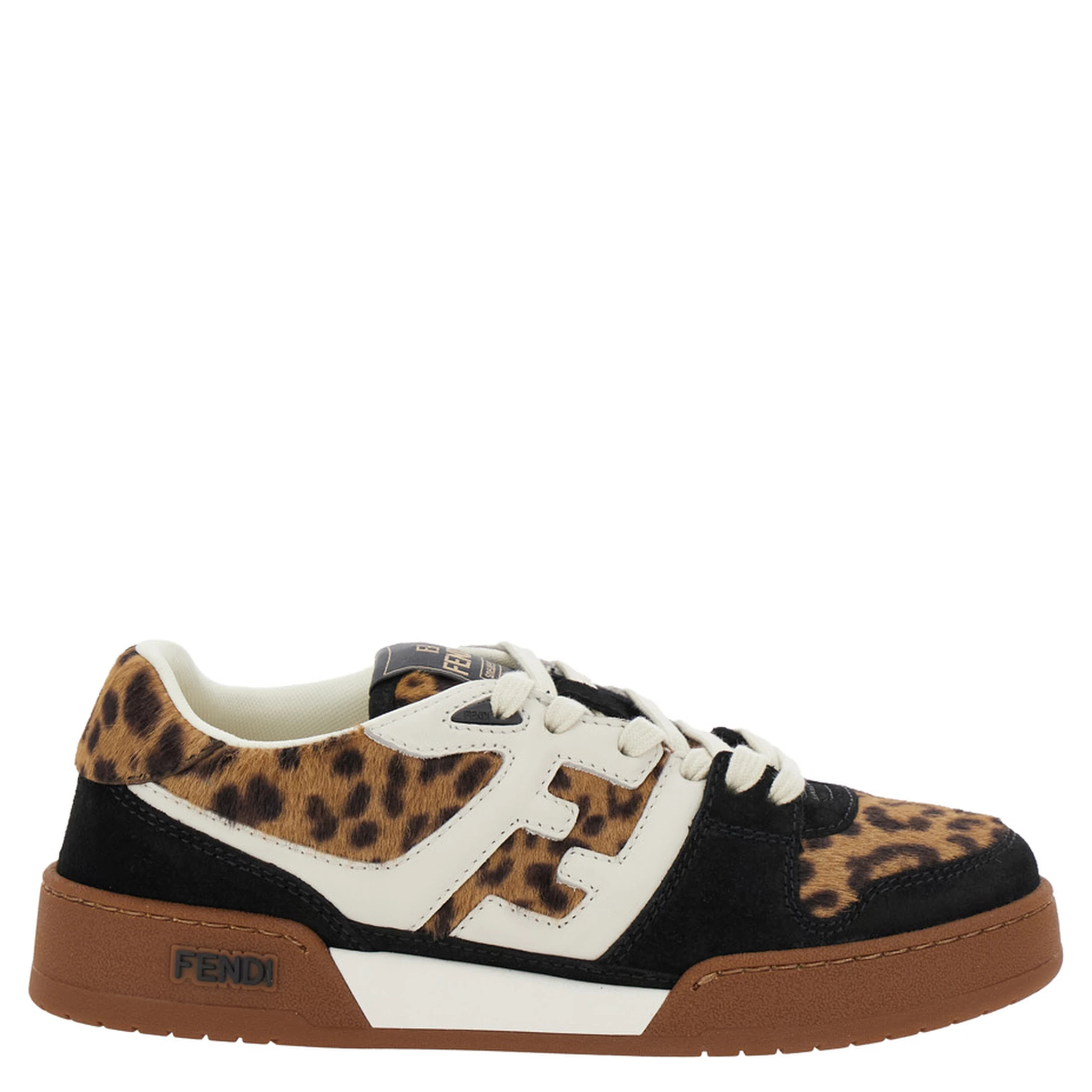 Fendi Match Brown Low Top Sneakers with FF Application and Leopard Motif in Mixed Leather Woman