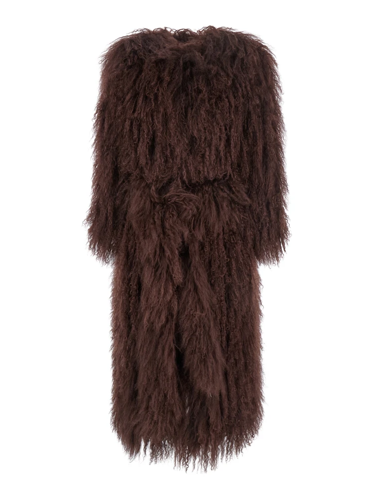 Brown Fur Coat with Round Neck and Long Sleeves in Fur Woman
