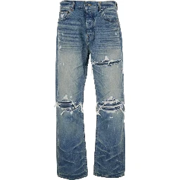 Blue Jeans with Ripped Details on the Front and Logo Patch on the Rear in Denim Man