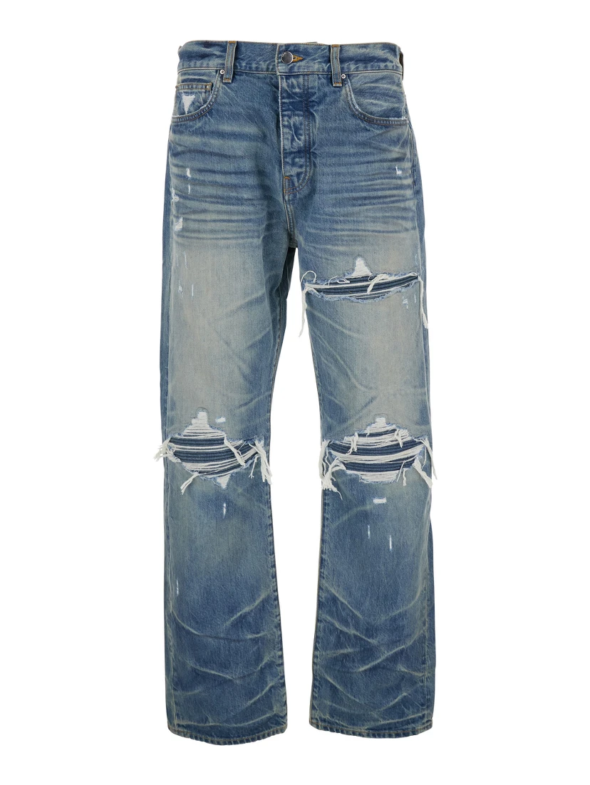 Blue Jeans with Ripped Details on the Front and Logo Patch on the Rear in Denim Man