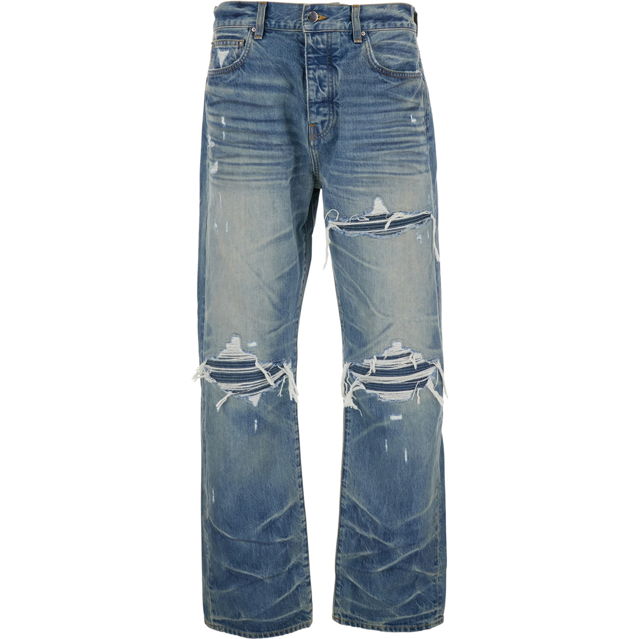 Blue Jeans with Ripped Details on the Front and Logo Patch on the Rear in Denim Man