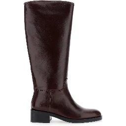Brown Knee High Boots with Block Heel in Leather Woman