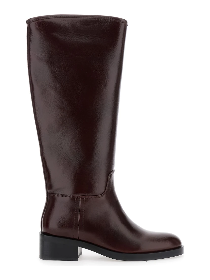 Brown Knee High Boots with Block Heel in Leather Woman