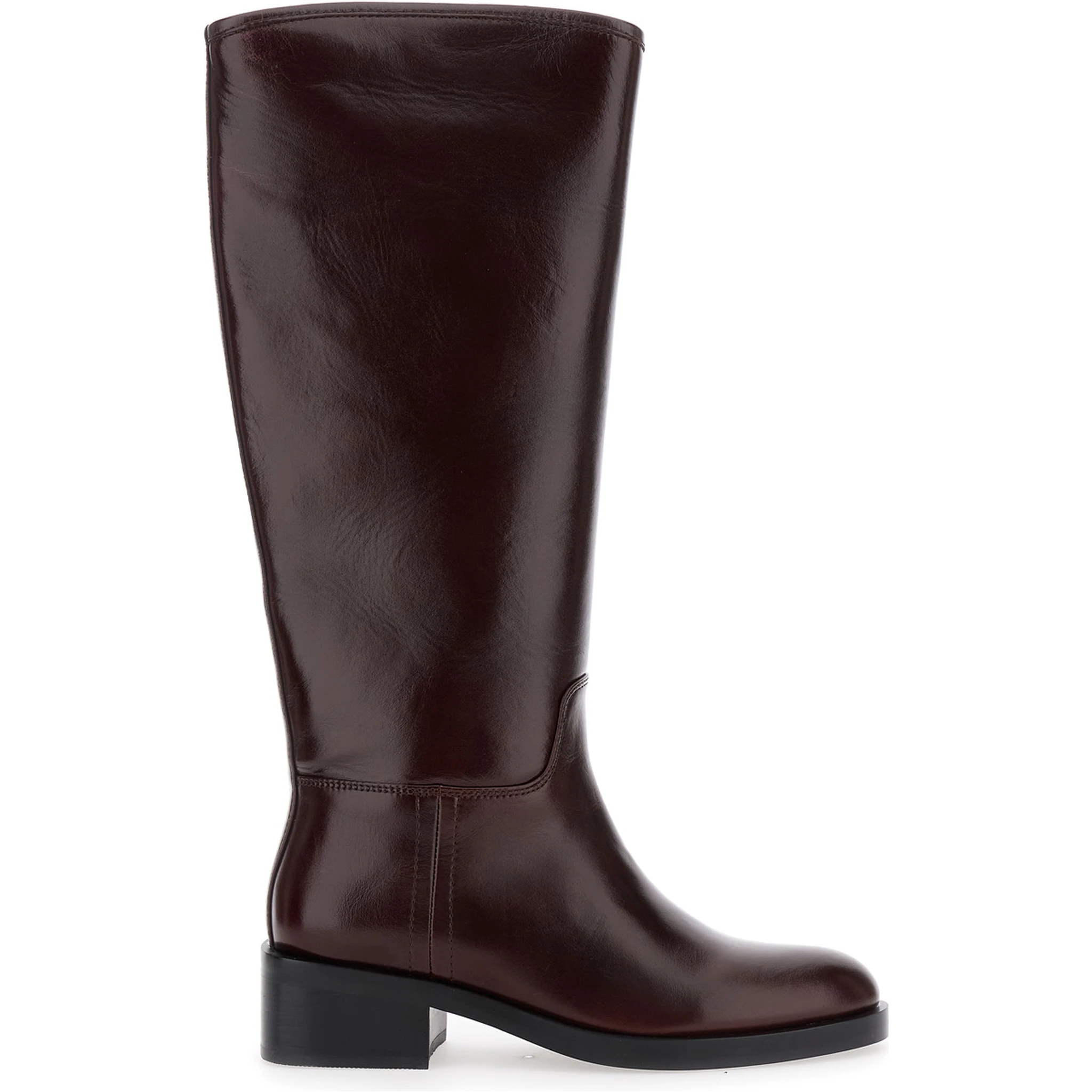 Brown Knee High Boots with Block Heel in Leather Woman