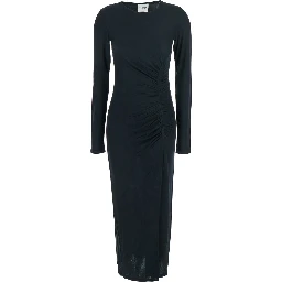Jelina Black Midi Dress with Round Neck and Ruched Details in Modal Stretch Woman