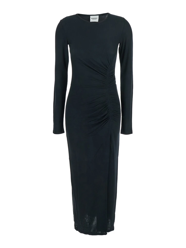 Jelina Black Midi Dress with Round Neck and Ruched Details in Modal Stretch Woman