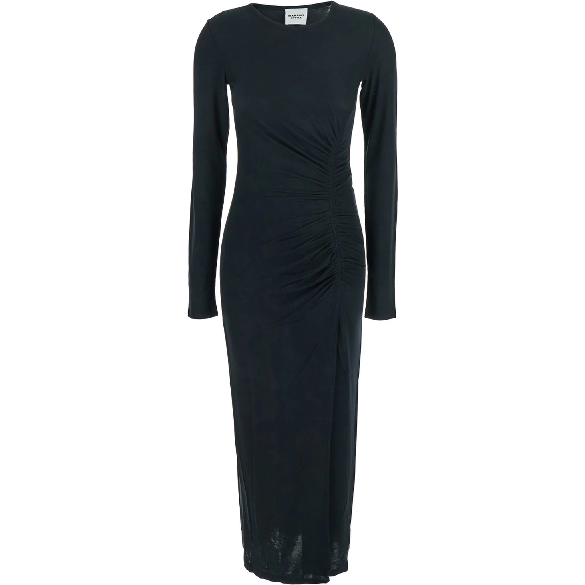 Jelina Black Midi Dress with Round Neck and Ruched Details in Modal Stretch Woman
