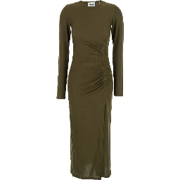 Jelina Green Midi Dress with Round Neck and Ruched Details in Modal Stretch Woman