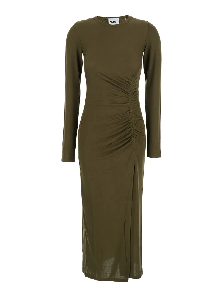 Jelina Green Midi Dress with Round Neck and Ruched Details in Modal Stretch Woman