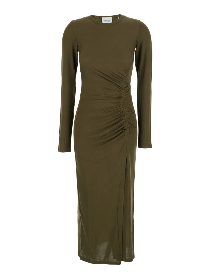 Jelina Green Midi Dress with Round Neck and Ruched Details in Modal Stretch Woman