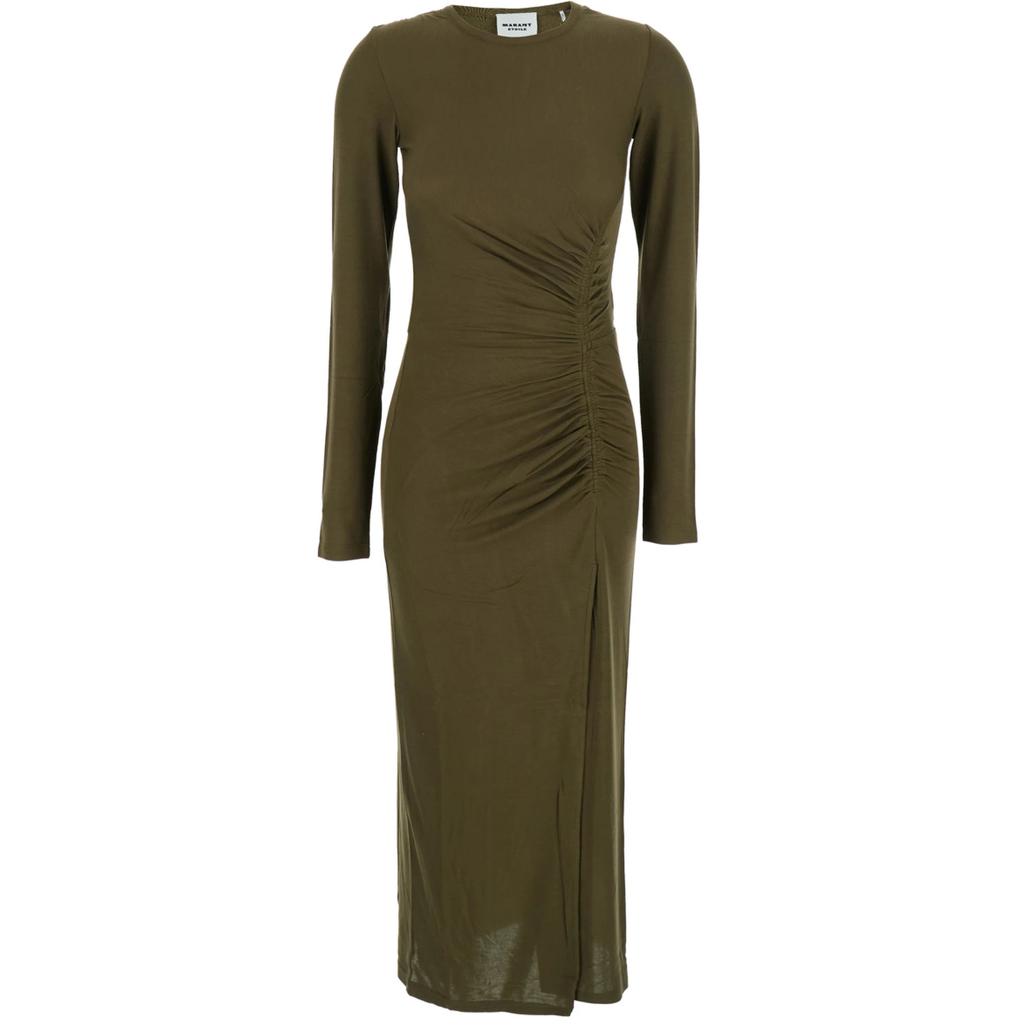 Jelina Green Midi Dress with Round Neck and Ruched Details in Modal Stretch Woman