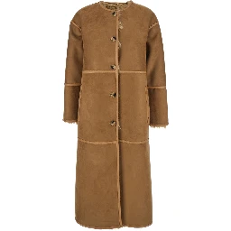 Beige Shearling Coat with Round Neck and Front Closure in Faux Fur Woman