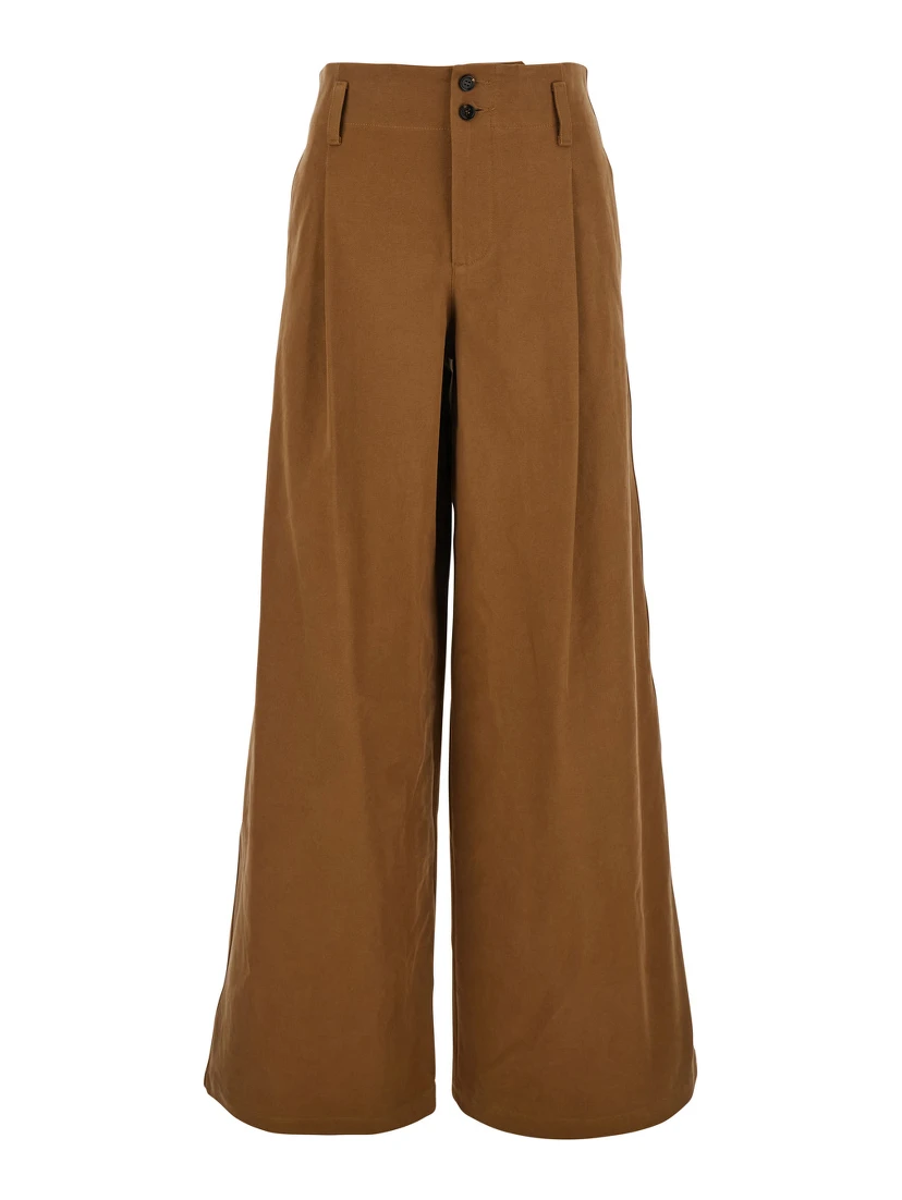 Brown Pants with Belt Loops and Wide Leg in Cotton Woman