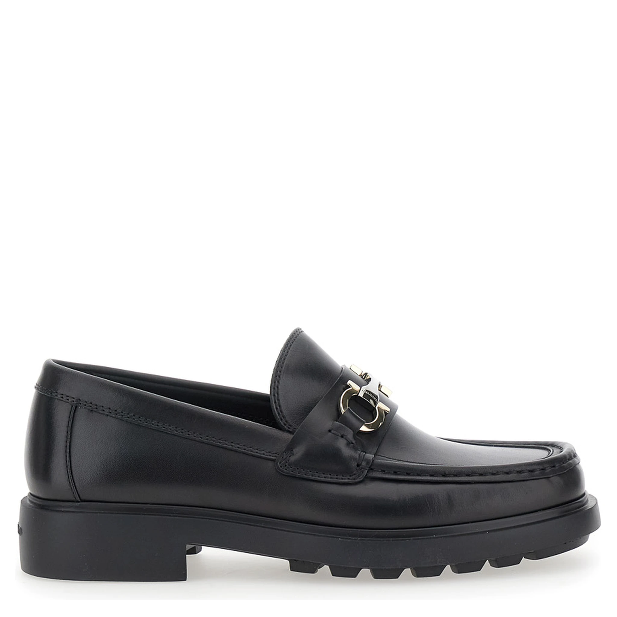 Duglas Black Loafers with Gancini Plaque on the Front and Embossed Logo on the Rear in Leather Man