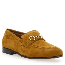 Brown Loafers with Almond Toe and Gancini Detail on the Front in Suede Woman