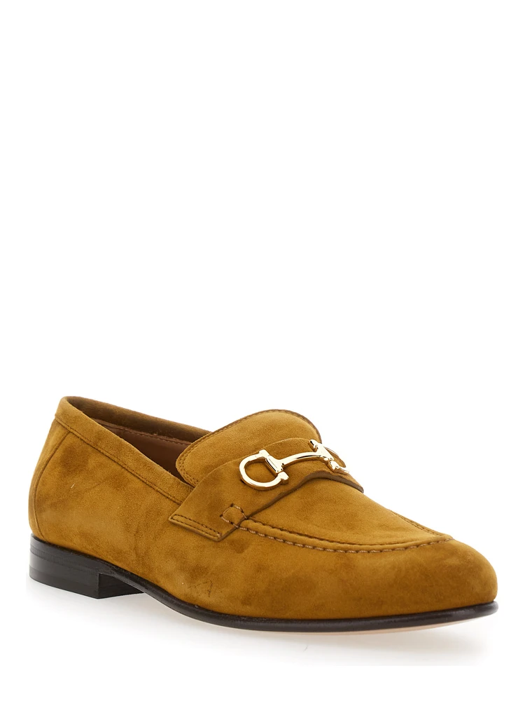 Brown Loafers with Almond Toe and Gancini Detail on the Front in Suede Woman