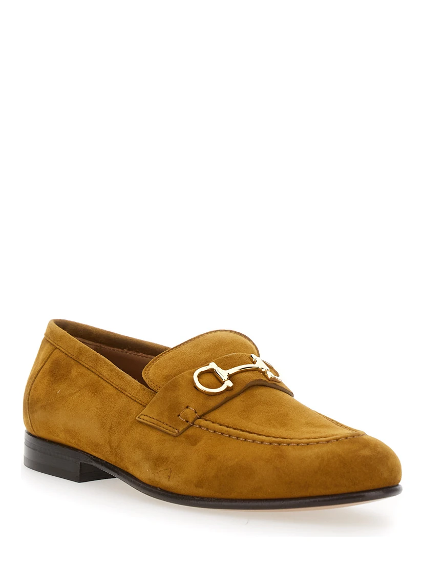 Brown Loafers with Almond Toe and Gancini Detail on the Front in Suede Woman