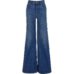 Blue HIgh Waisted Jeans with Wide Leg and Logo Patch on the Rear in Denim Woman