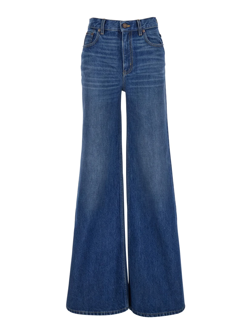 Blue HIgh Waisted Jeans with Wide Leg and Logo Patch on the Rear in Denim Woman