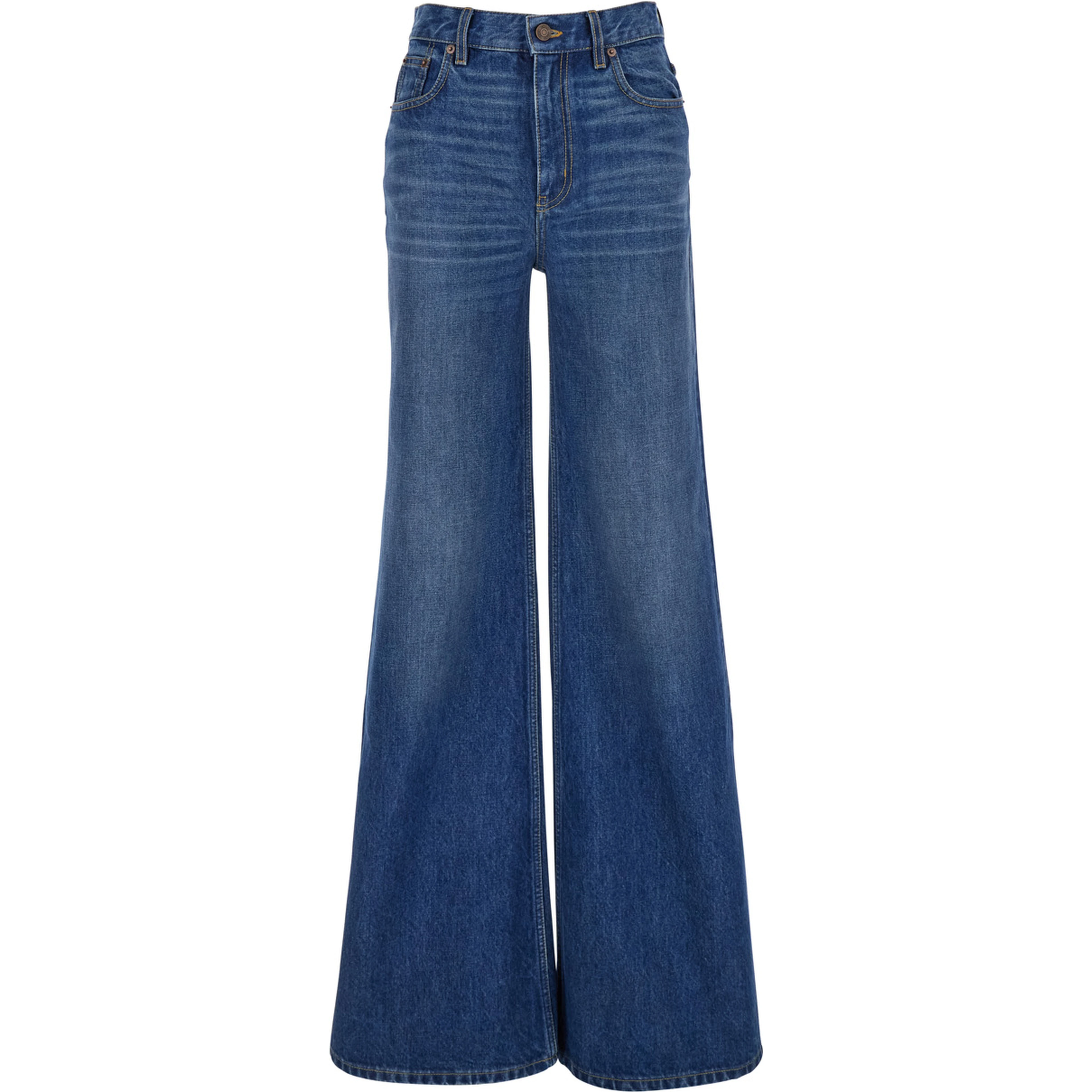 Blue HIgh Waisted Jeans with Wide Leg and Logo Patch on the Rear in Denim Woman