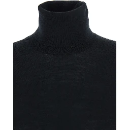 Black Turtleneck Dress with Side Slits in Wool and Silk Blend Woman