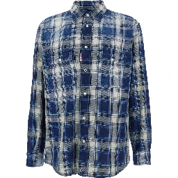 Blue Shirt with Classic Collar and All-Over Check Motif in Cotton Man