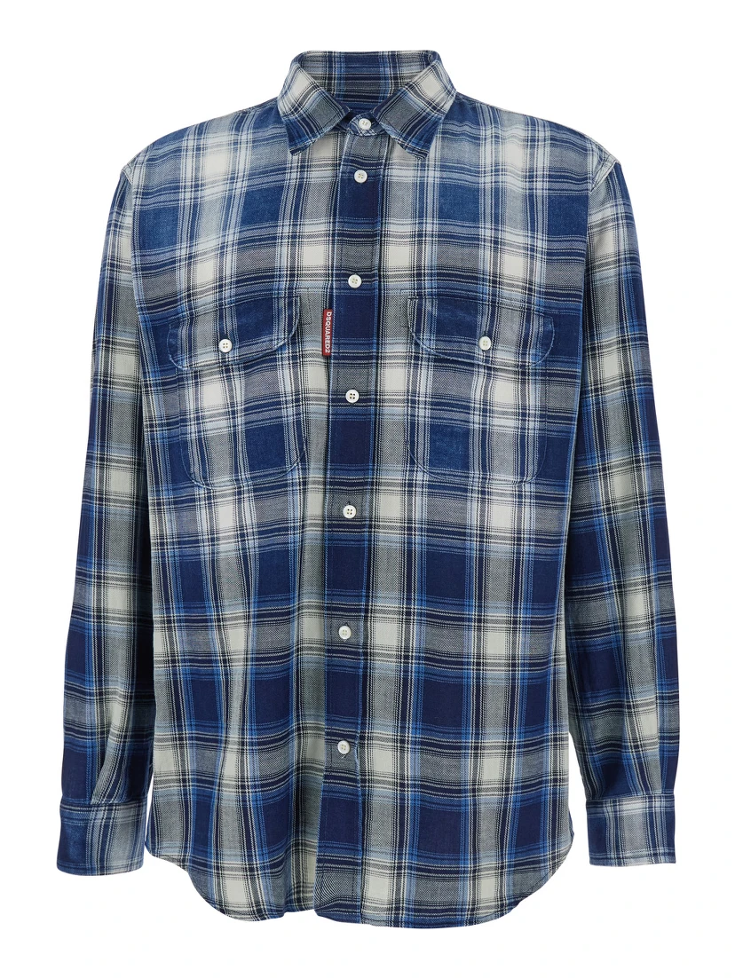 Blue Shirt with Classic Collar and All-Over Check Motif in Cotton Man