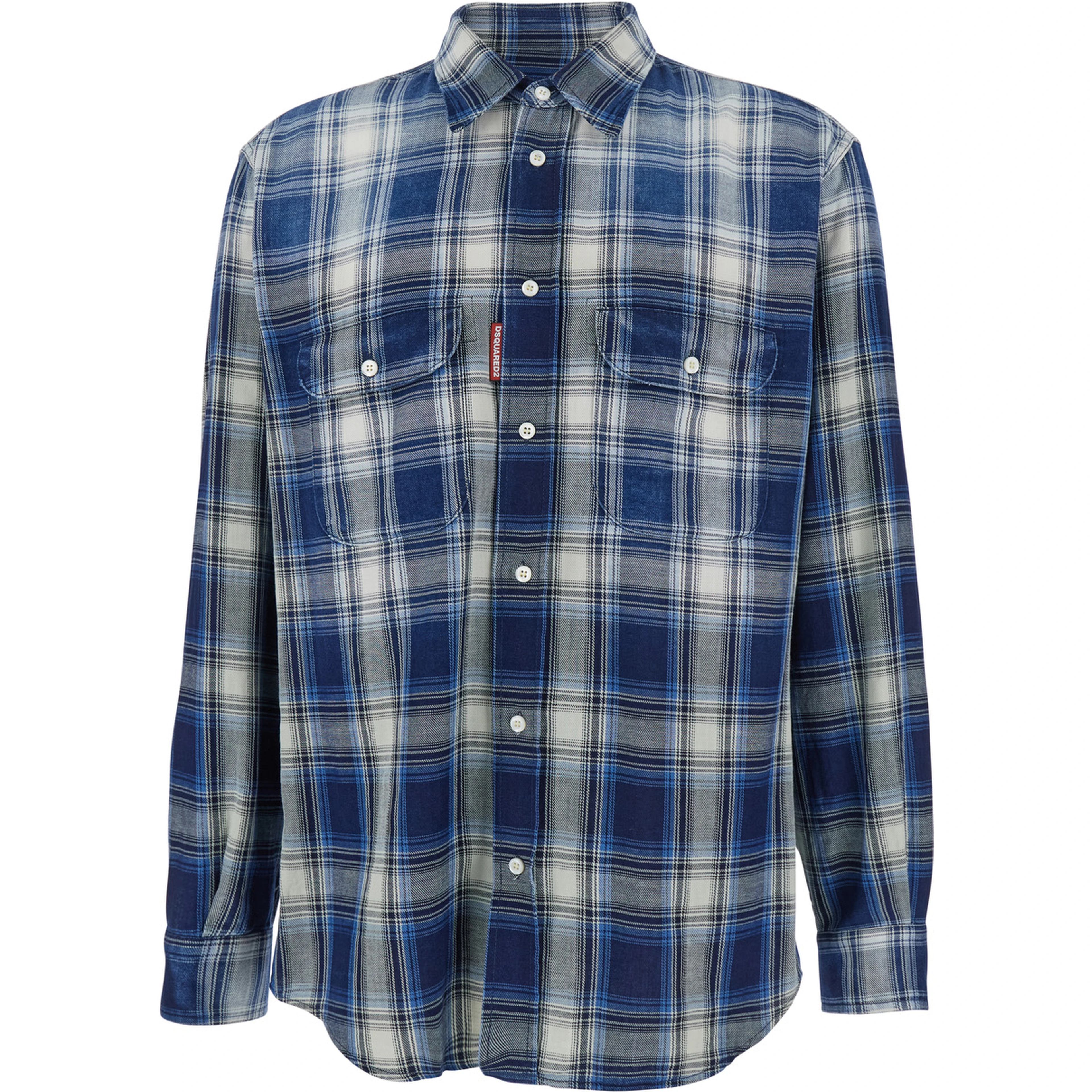 Blue Shirt with Classic Collar and All-Over Check Motif in Cotton Man