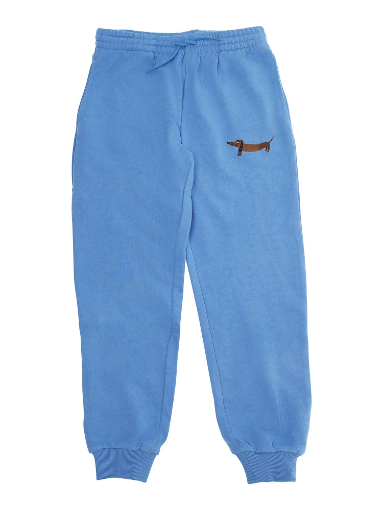 Light Blue Trousers with Elastic Waist and Front Embroidery in Cotton Boy