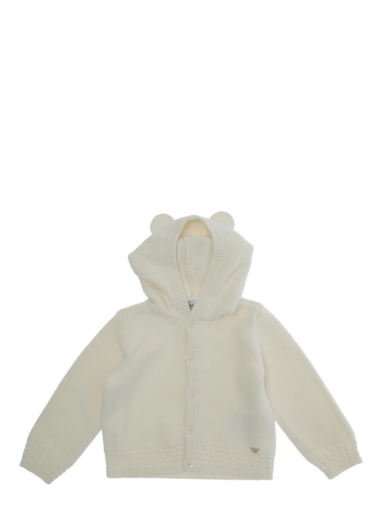 White Sweatshirt with Hood with Ear Detail and Logo Embroidery on the Front in Cotton and Cashmere Baby