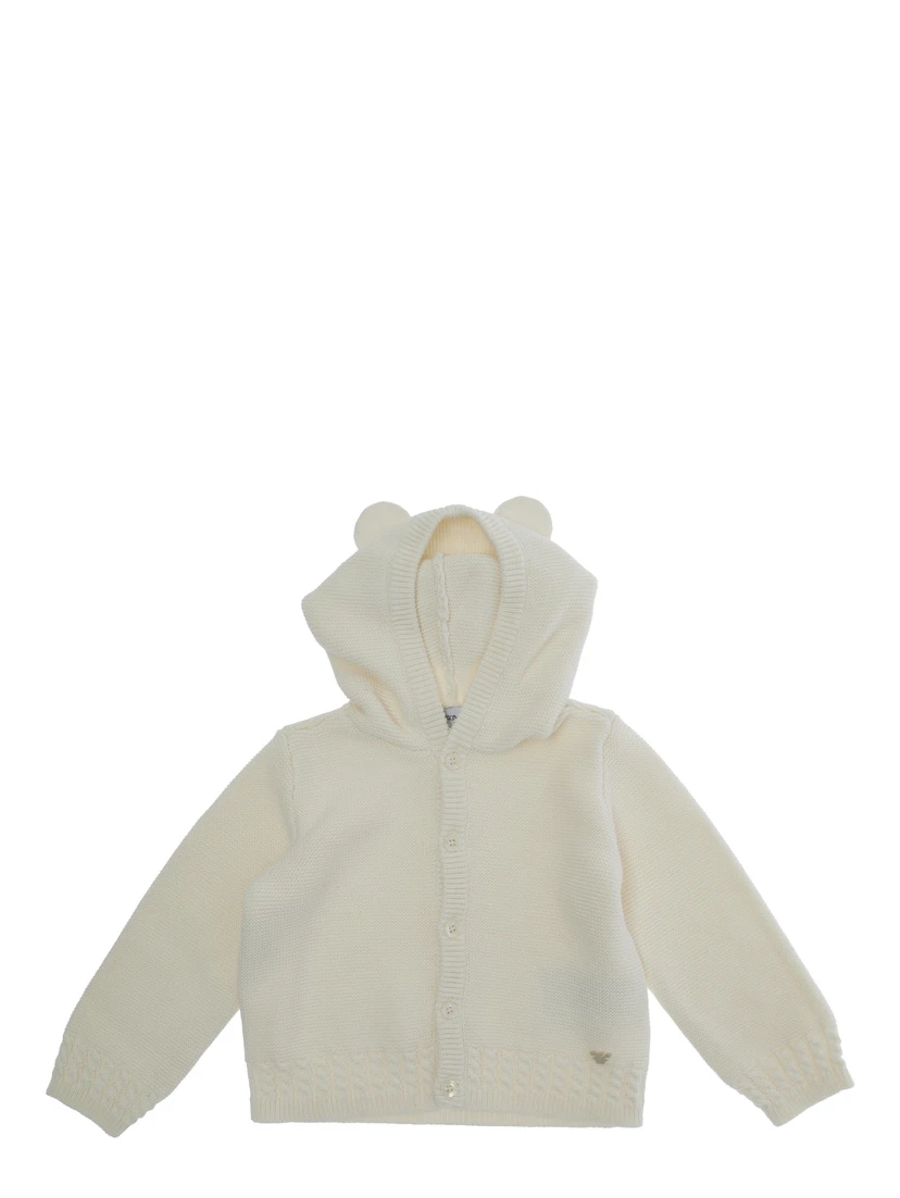 White Sweatshirt with Hood with Ear Detail and Logo Embroidery on the Front in Cotton and Cashmere Baby