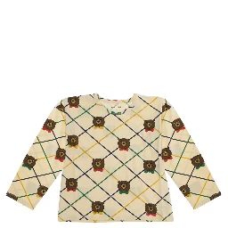 Beige Long-Sleeve T-Shirt with All-Over Check Motif and Bear Print in Cotton Girl