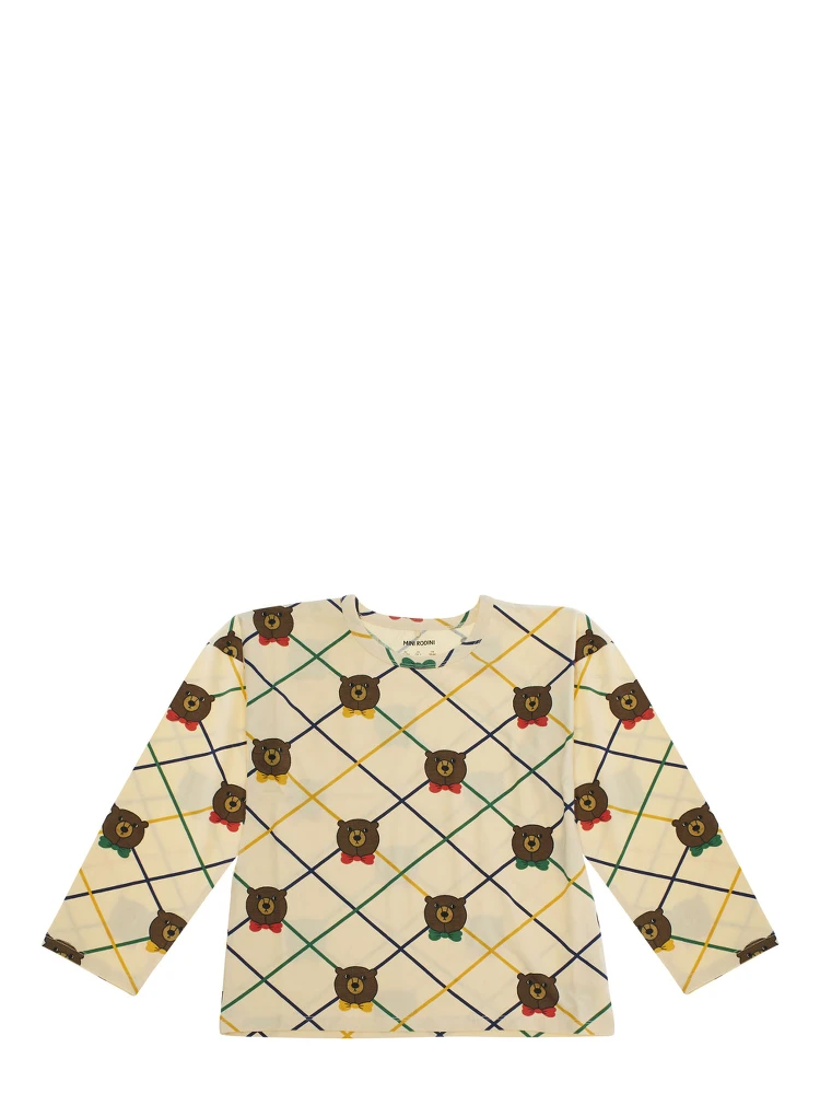 Beige Long-Sleeve T-Shirt with All-Over Check Motif and Bear Print in Cotton Girl