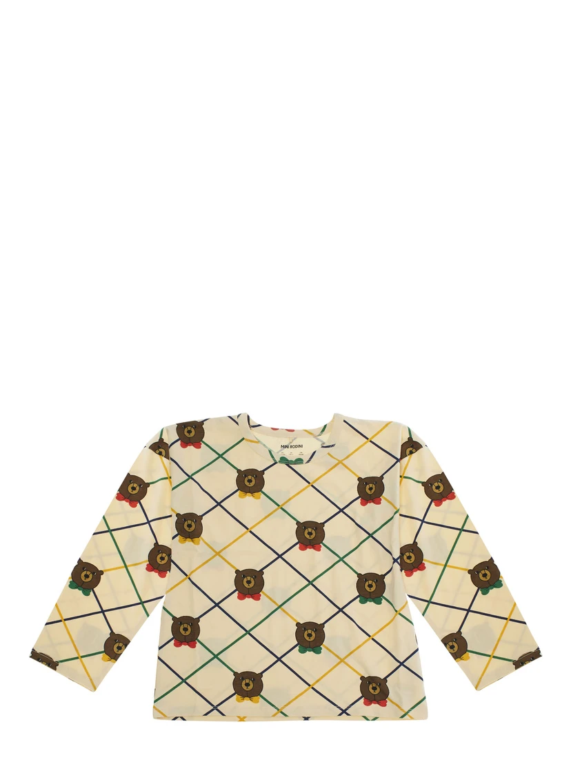 Beige Long-Sleeve T-Shirt with All-Over Check Motif and Bear Print in Cotton Girl