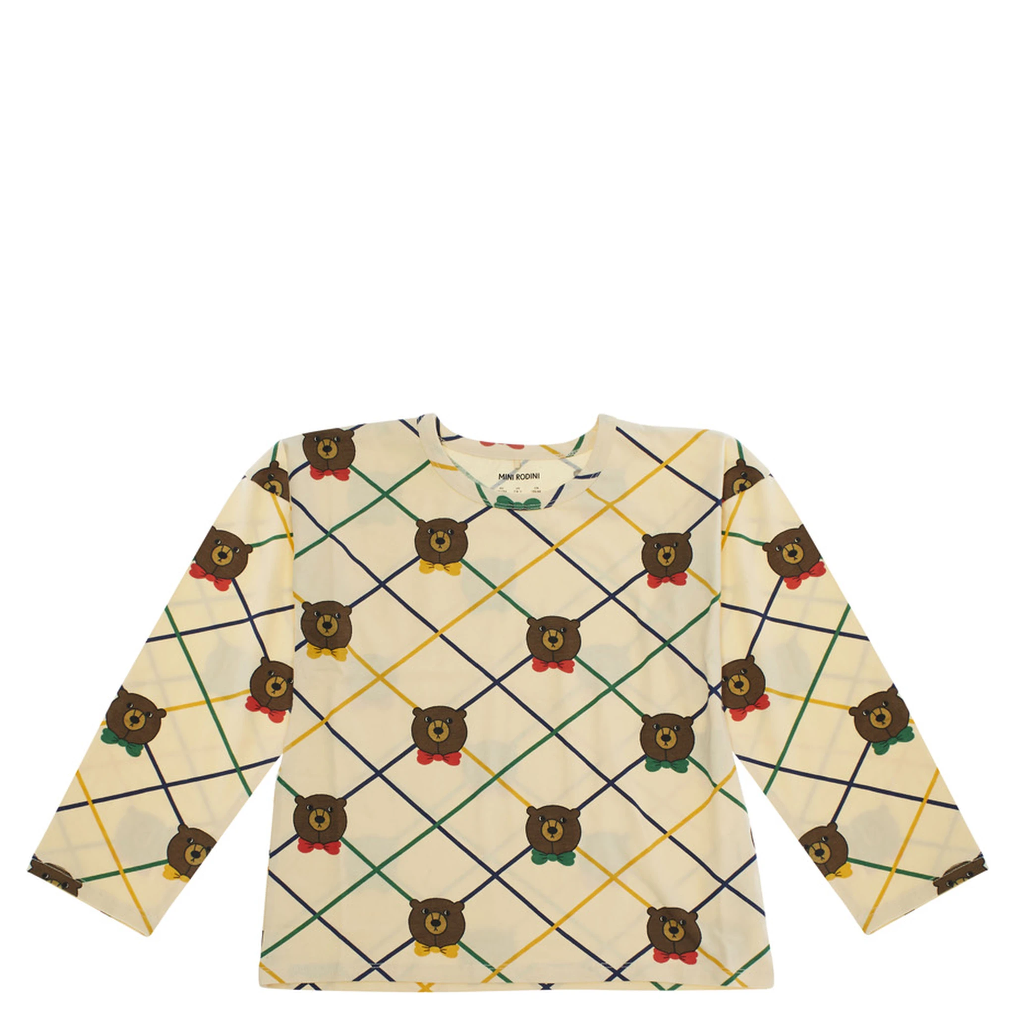 Beige Long-Sleeve T-Shirt with All-Over Check Motif and Bear Print in Cotton Girl