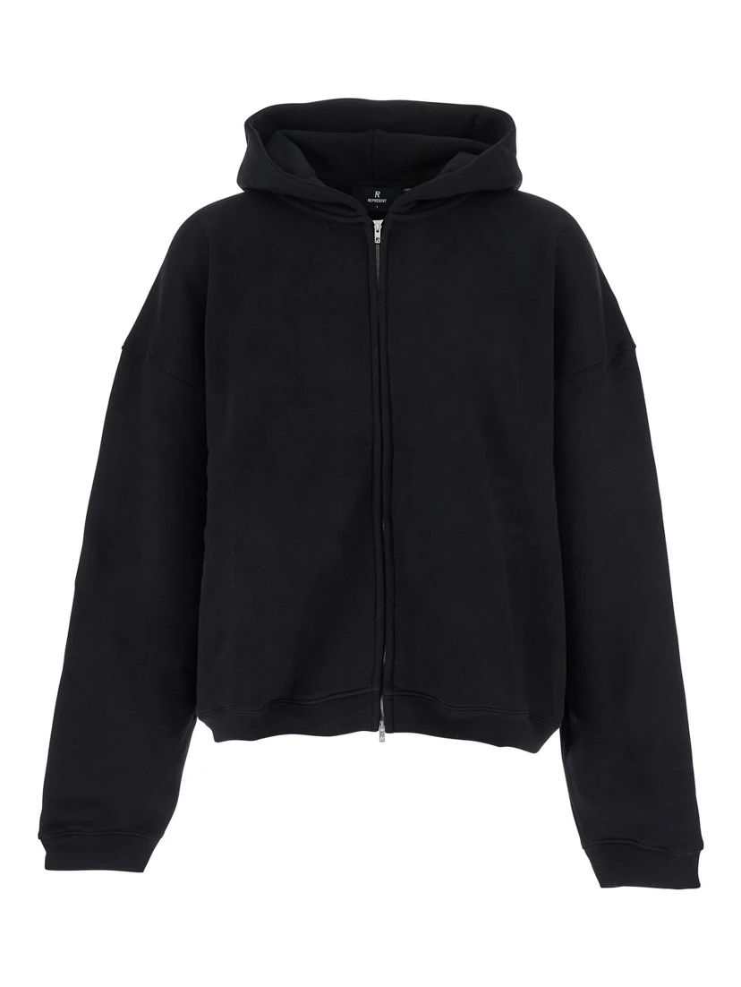 Black Sweatshirt with Logo Embroidery on the Hood and Dropped Shoulders in Cotton Man