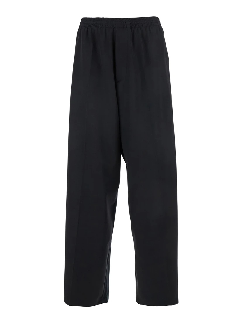 Black Pants with Elastic Waist in Wool Man
